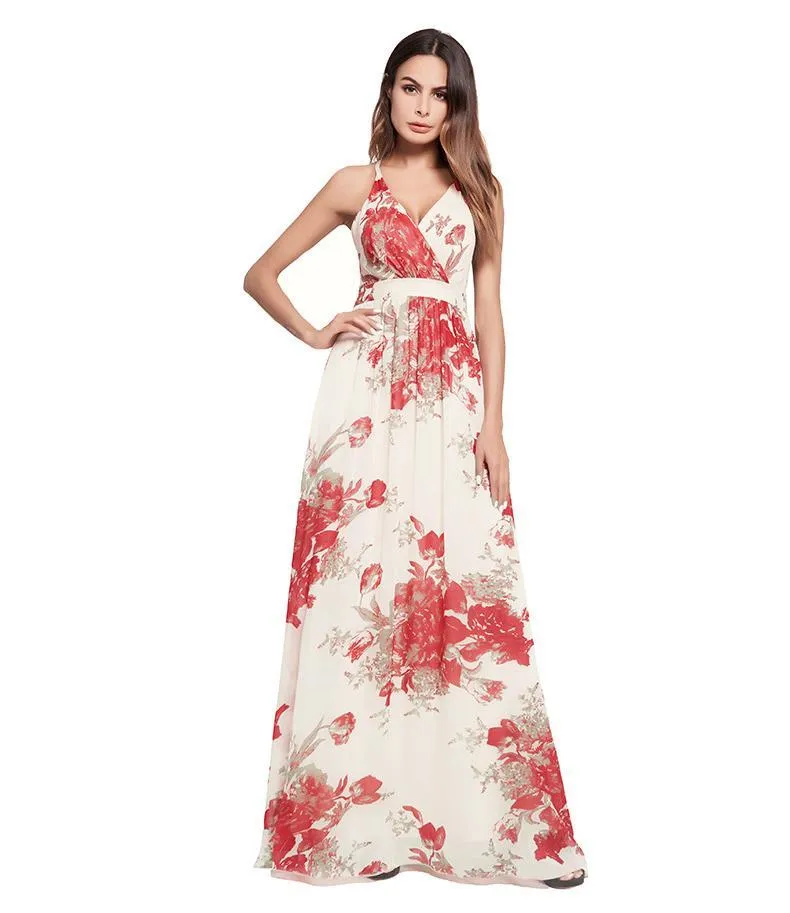 2018 Summer Spaghetti Strap Print Backless Maxi Dress