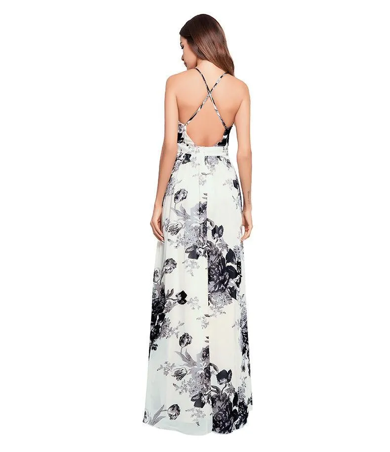 2018 Summer Spaghetti Strap Print Backless Maxi Dress