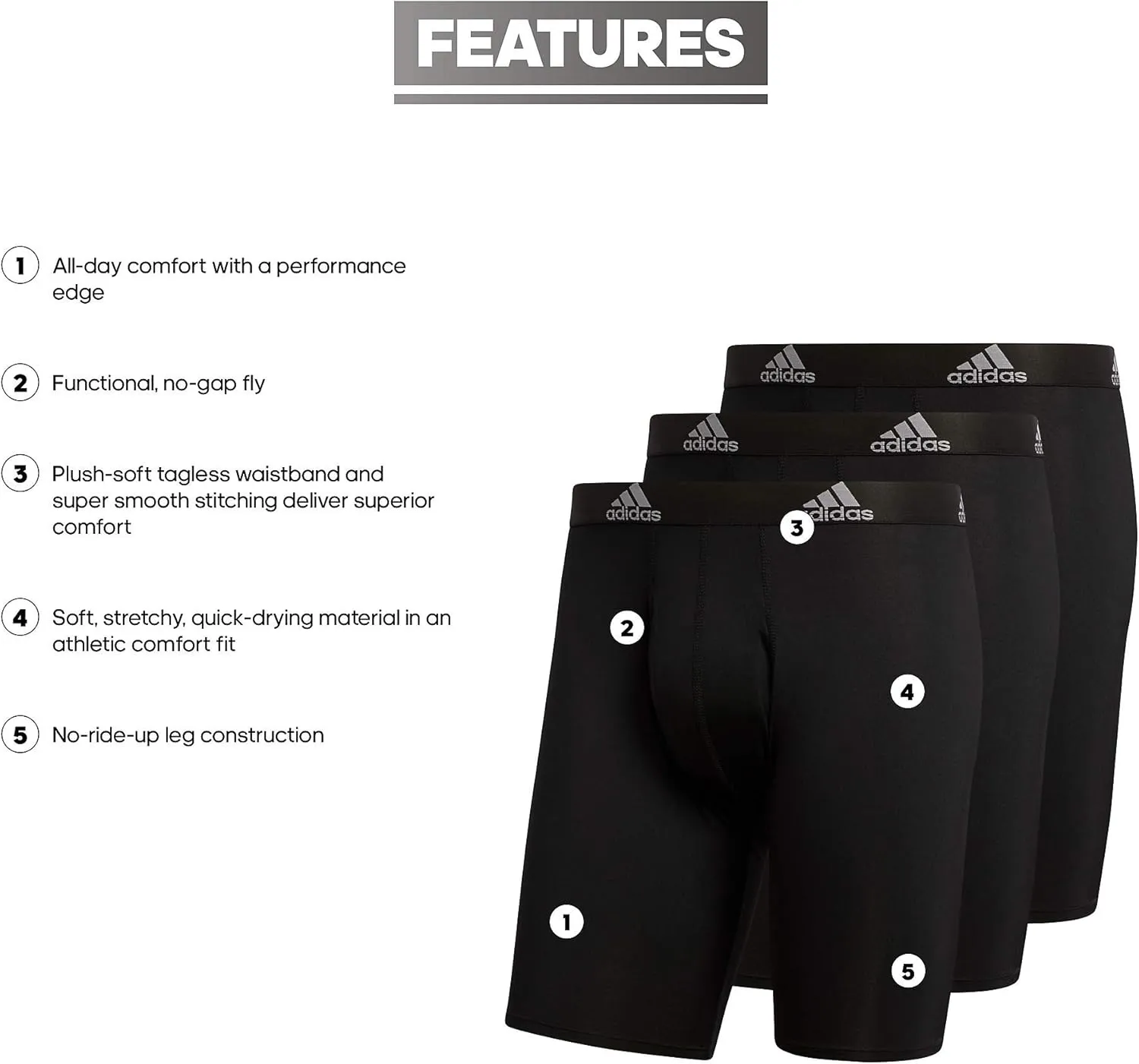 adidas Men's Performance 3-Pack Long Boxer Brief, Underwear Boxer Briefs - 3-Pack Long Men's Underwear Pack