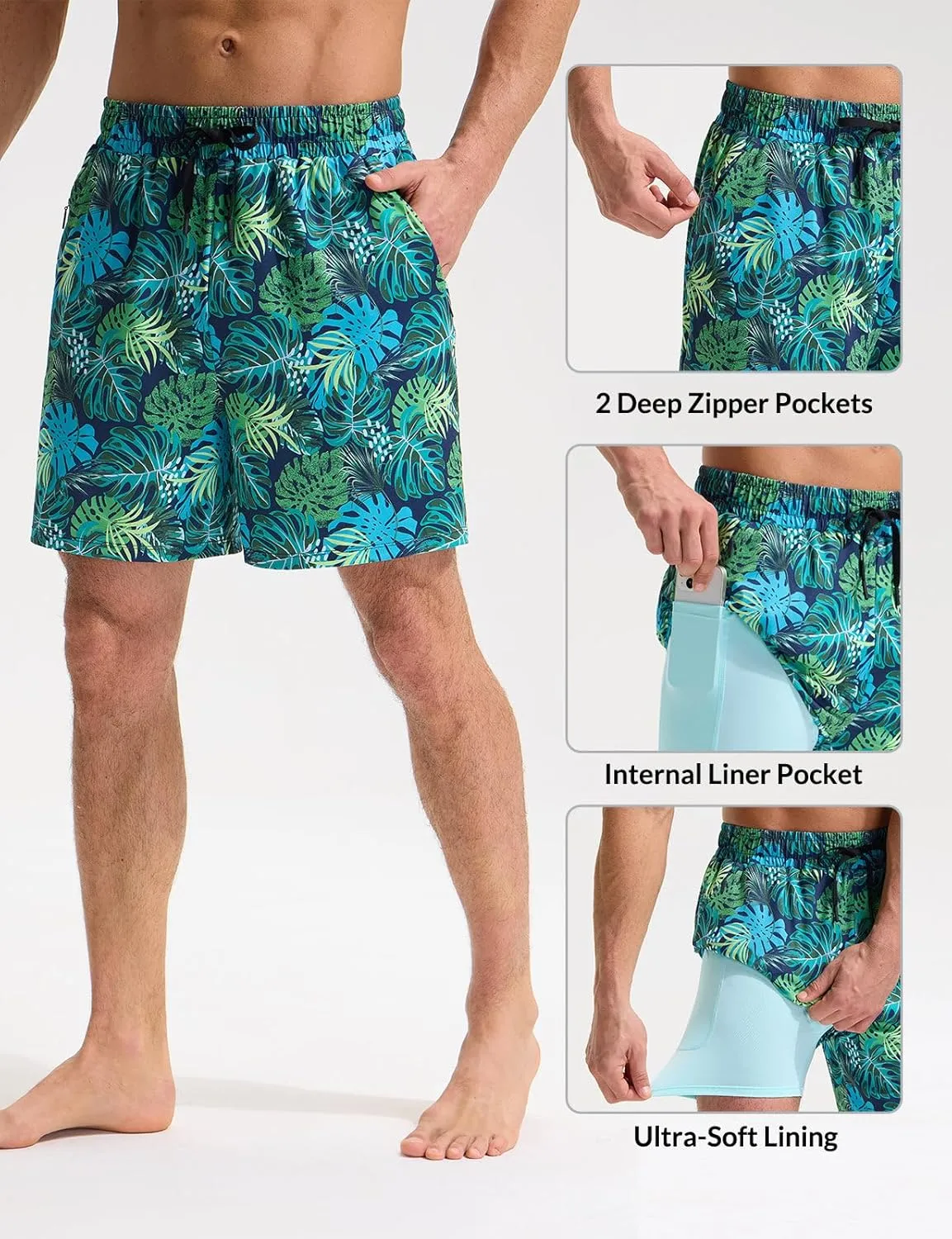 baleaf Mens Swim Trunks with Compression Liner 5 & 7 inch Quick Dry Bathing Suit Swim Shorts with Zippered Pockets