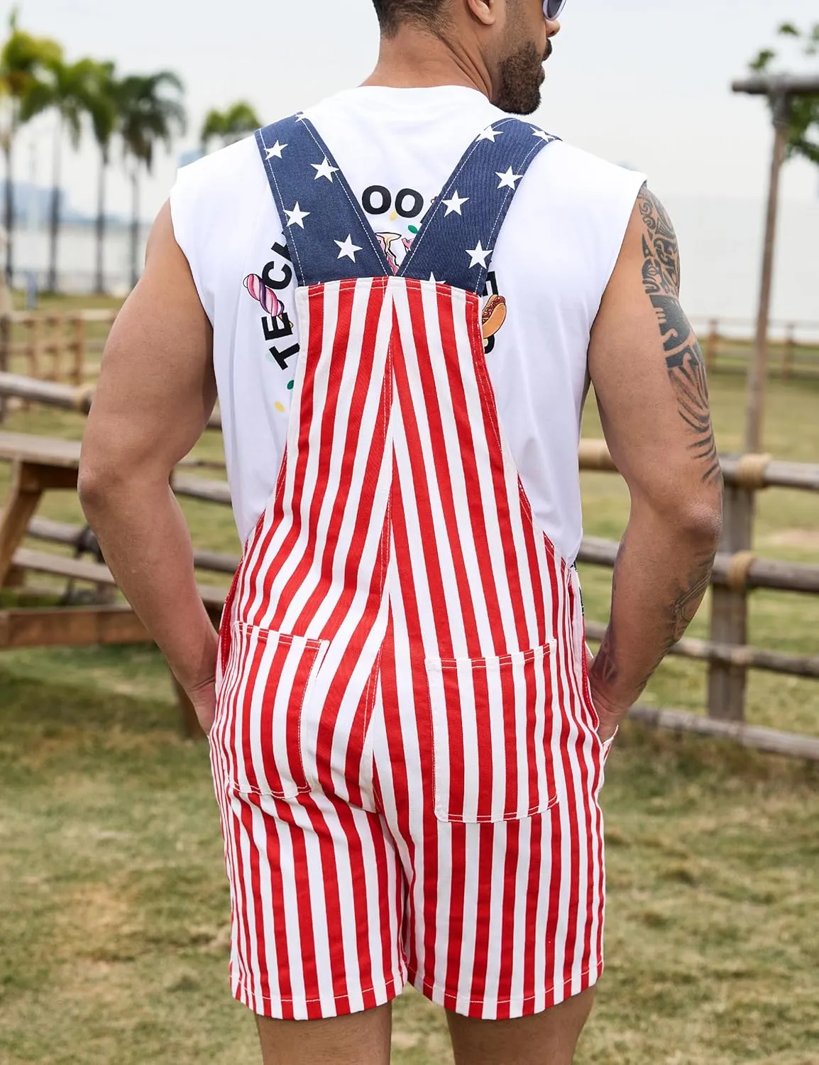 Bindefon American Flag Overalls Men,4th of July Cape,USA Sunglasses,Patriotic Socks,4 Pcs for Independence Labor Day