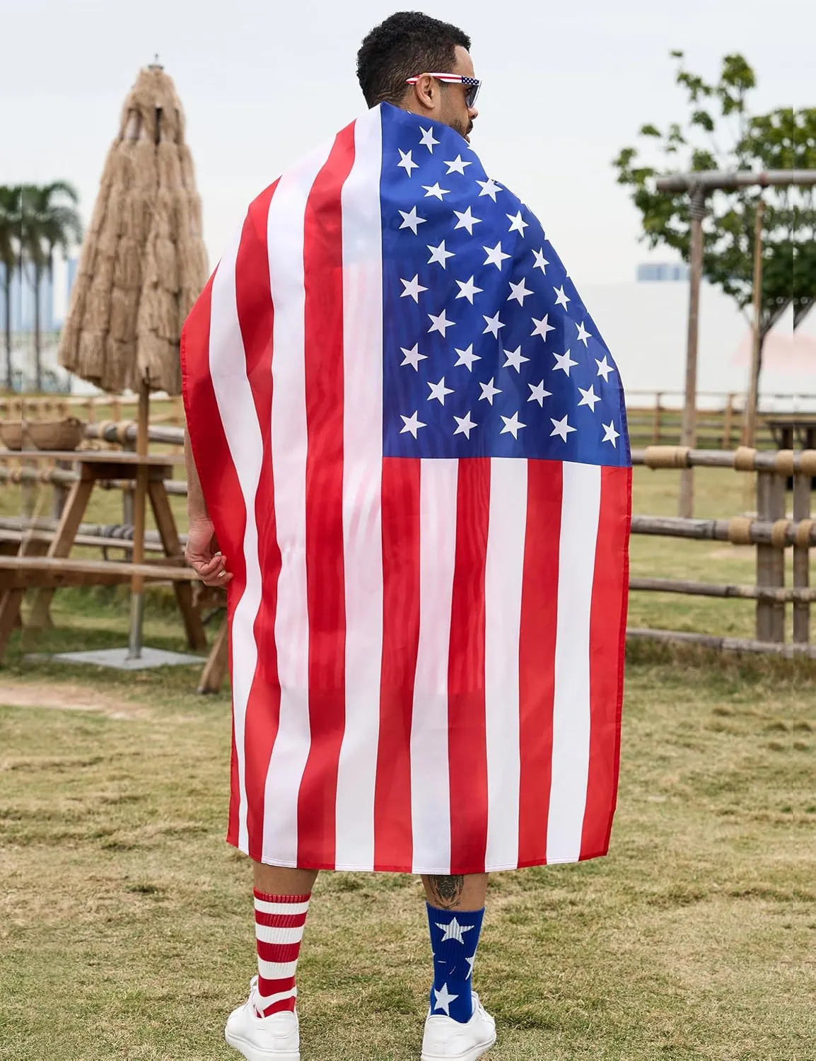 Bindefon American Flag Overalls Men,4th of July Cape,USA Sunglasses,Patriotic Socks,4 Pcs for Independence Labor Day