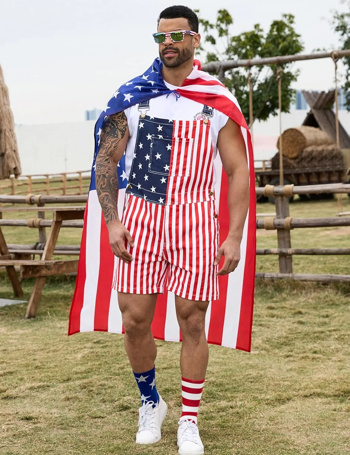 Bindefon American Flag Overalls Men,4th of July Cape,USA Sunglasses,Patriotic Socks,4 Pcs for Independence Labor Day