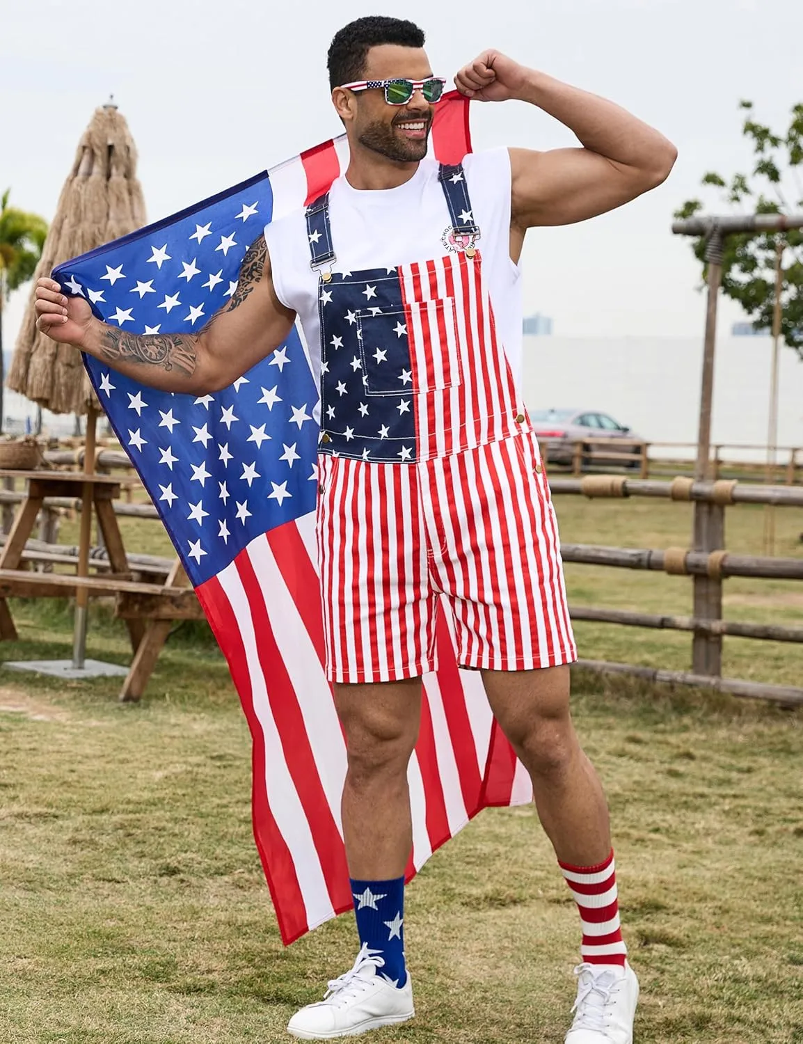 Bindefon American Flag Overalls Men,4th of July Cape,USA Sunglasses,Patriotic Socks,4 Pcs for Independence Labor Day