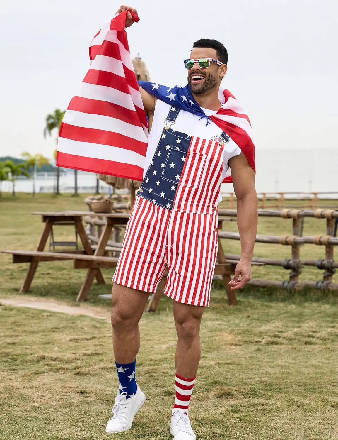 Bindefon American Flag Overalls Men,4th of July Cape,USA Sunglasses,Patriotic Socks,4 Pcs for Independence Labor Day