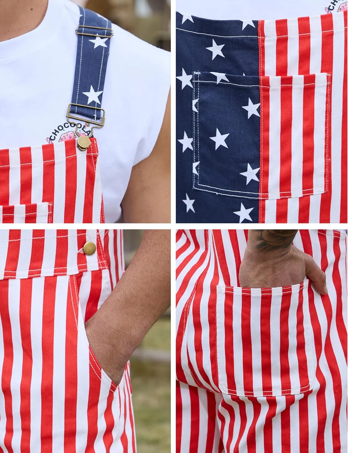 Bindefon American Flag Overalls Men,4th of July Cape,USA Sunglasses,Patriotic Socks,4 Pcs for Independence Labor Day