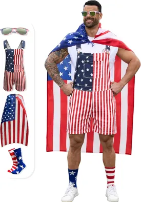 Bindefon American Flag Overalls Men,4th of July Cape,USA Sunglasses,Patriotic Socks,4 Pcs for Independence Labor Day