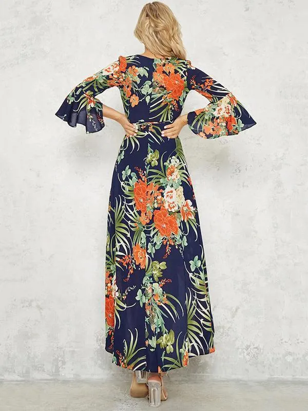 Floral Split-front Flared Sleeves V-neck Bohemia Maxi Dress