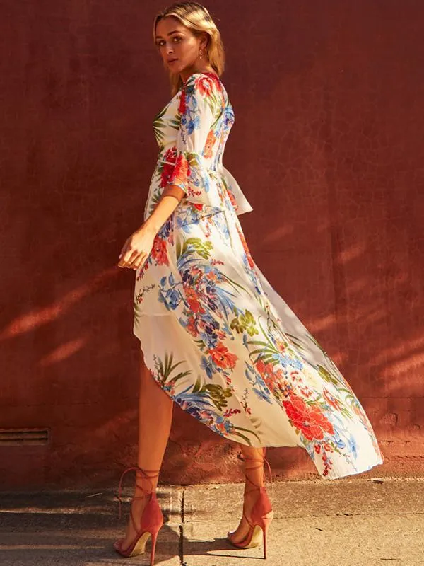 Floral Split-front Flared Sleeves V-neck Bohemia Maxi Dress