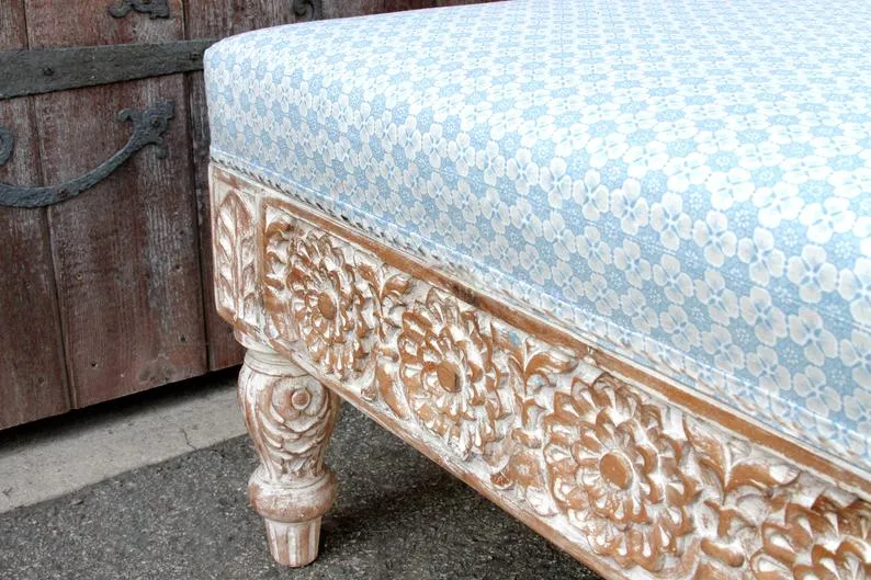 Handmade Carved Indian Traditional White Ottoman