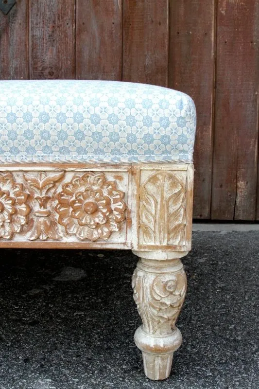 Handmade Carved Indian Traditional White Ottoman