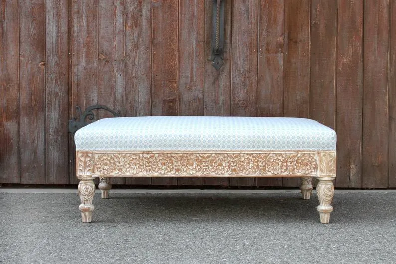 Handmade Carved Indian Traditional White Ottoman