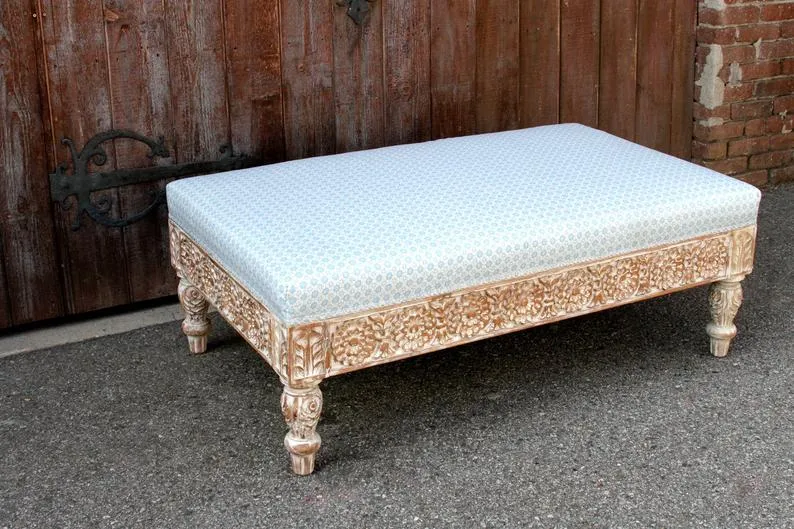 Handmade Carved Indian Traditional White Ottoman