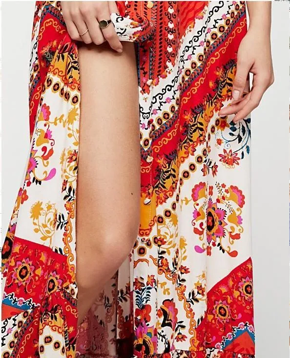 New Printed V Neck Short Sleeve High Split Maxi Dress