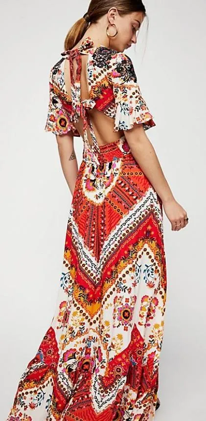 New Printed V Neck Short Sleeve High Split Maxi Dress