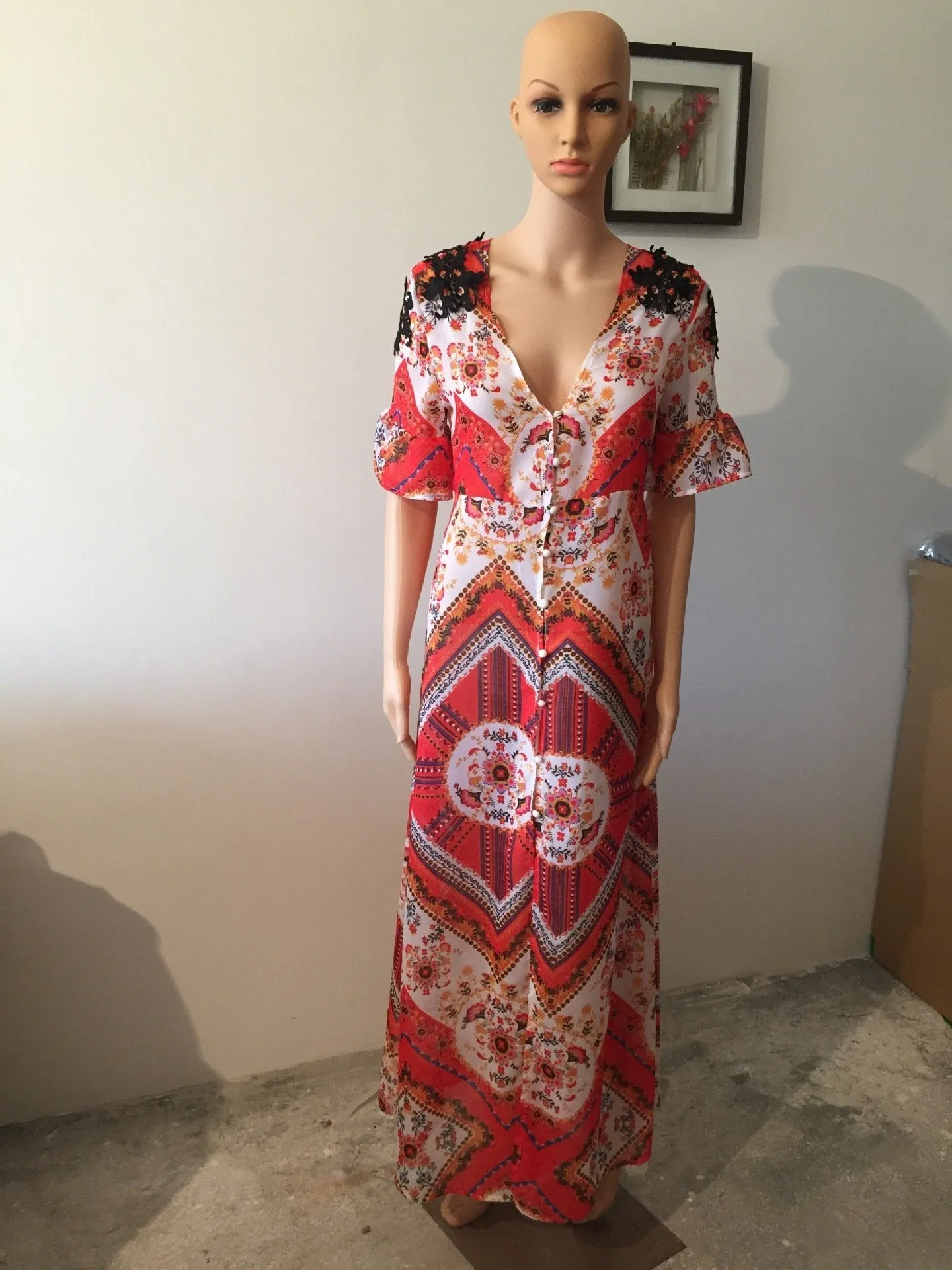 New Printed V Neck Short Sleeve High Split Maxi Dress