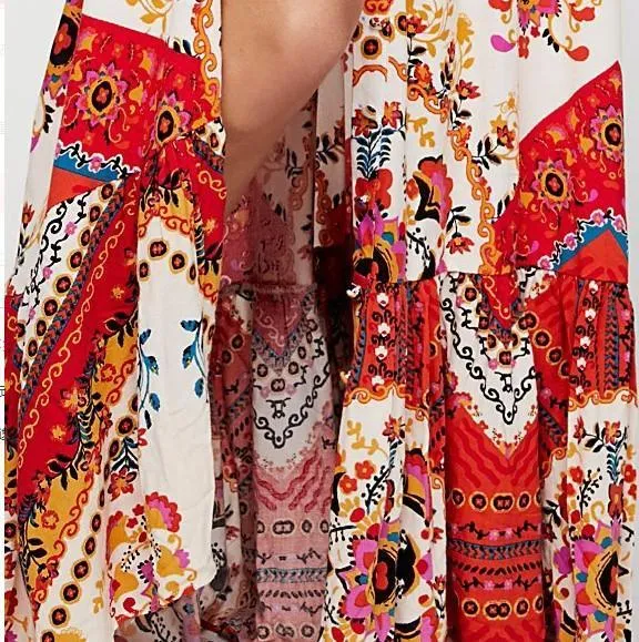 New Printed V Neck Short Sleeve High Split Maxi Dress