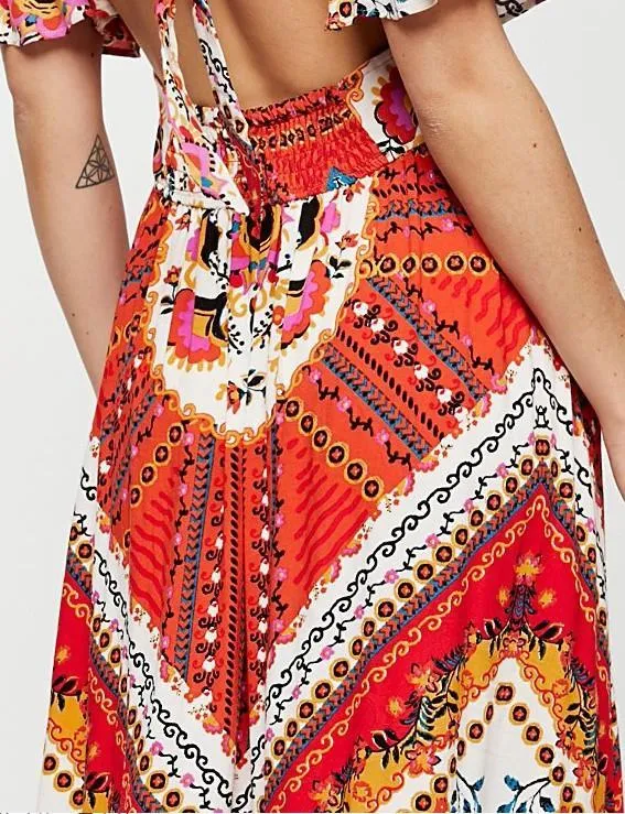 New Printed V Neck Short Sleeve High Split Maxi Dress