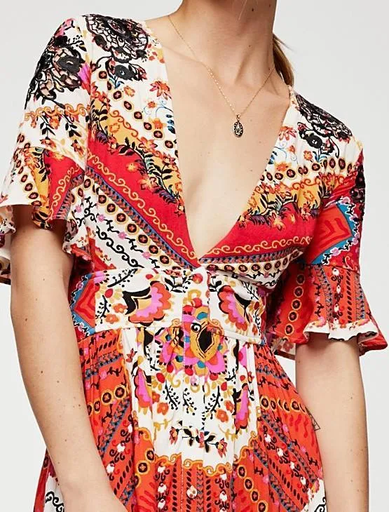 New Printed V Neck Short Sleeve High Split Maxi Dress