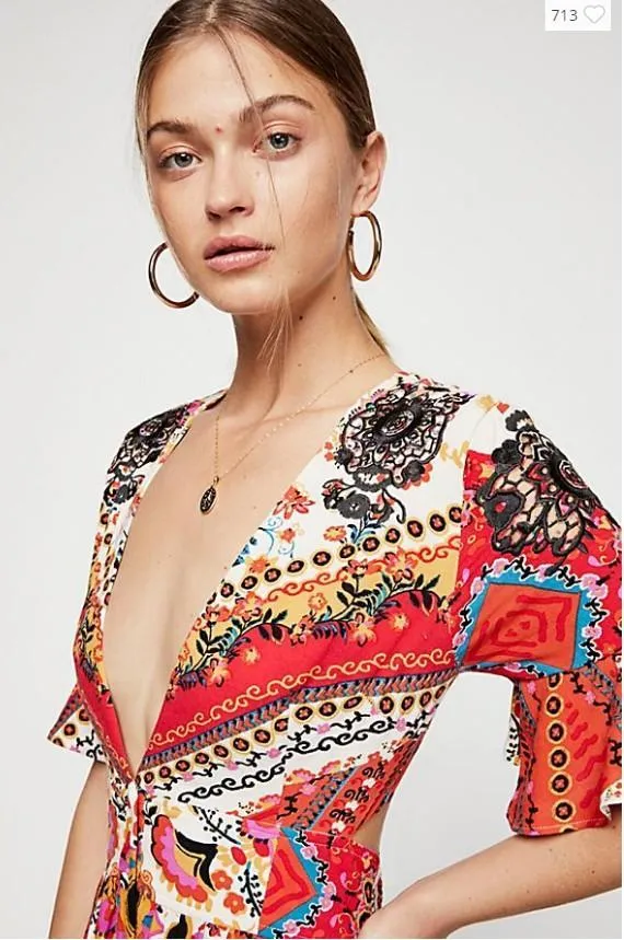 New Printed V Neck Short Sleeve High Split Maxi Dress