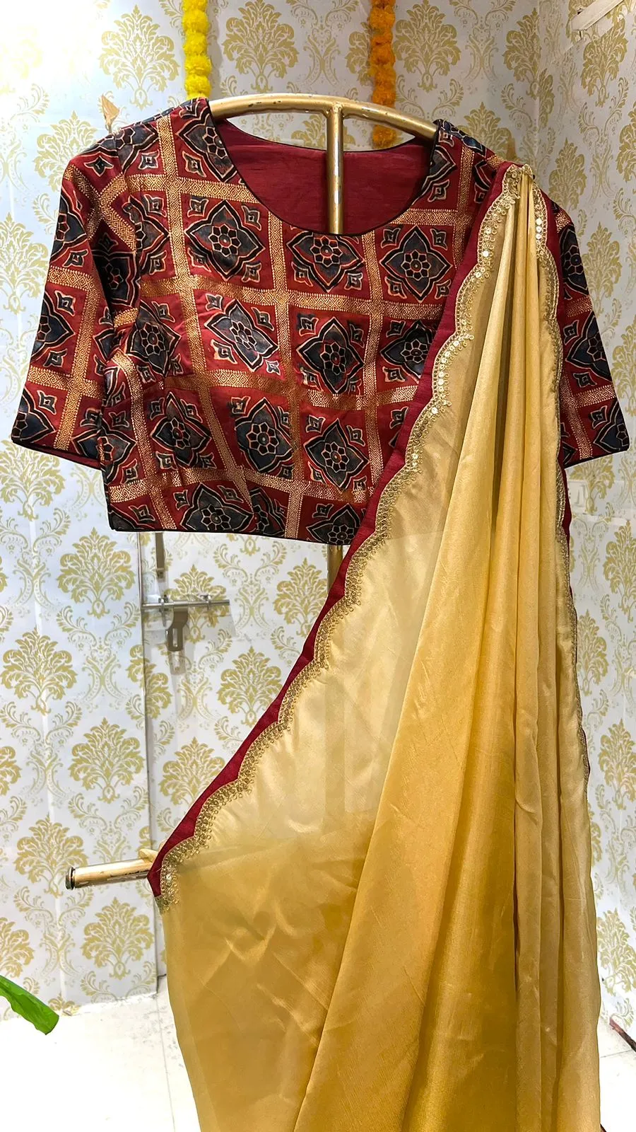 Ombre gold saree with ajrak embroidery blouse
