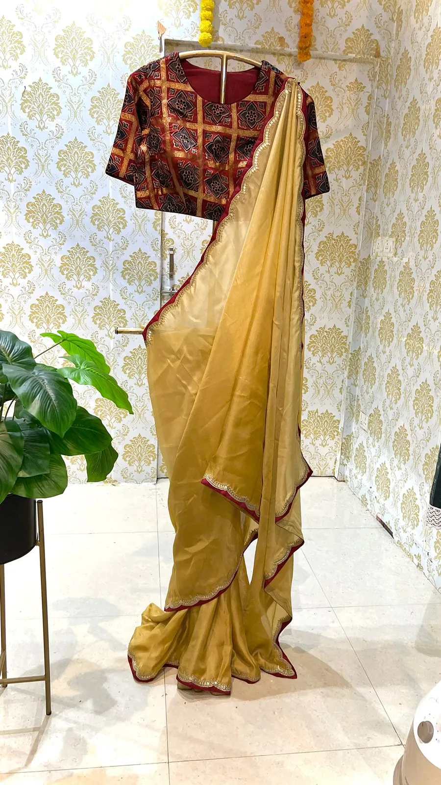 Ombre gold saree with ajrak embroidery blouse