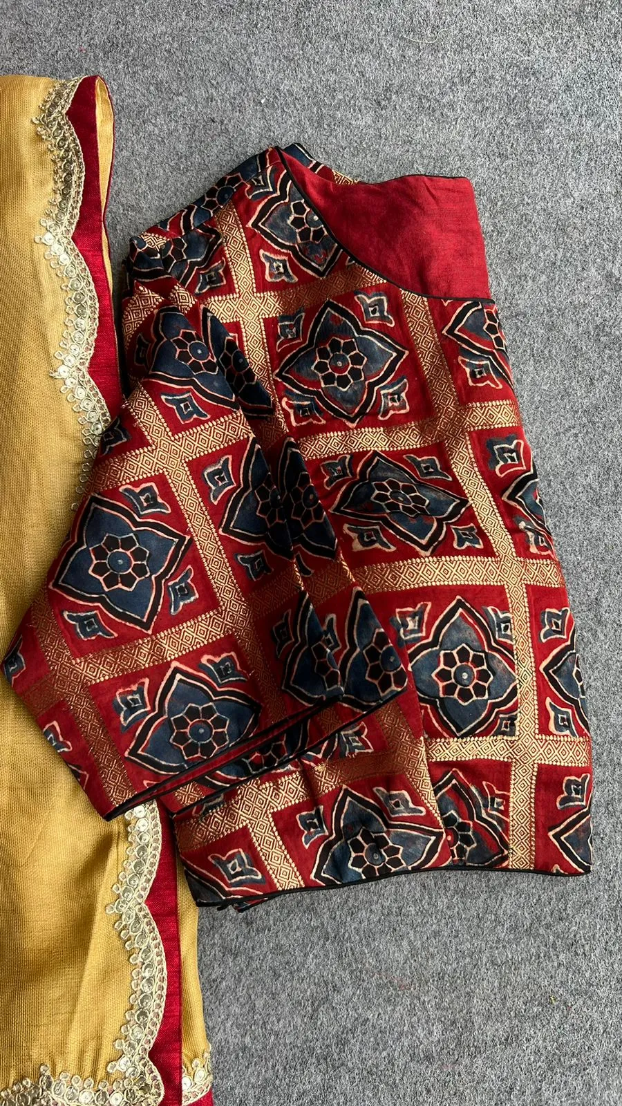 Ombre gold saree with ajrak embroidery blouse