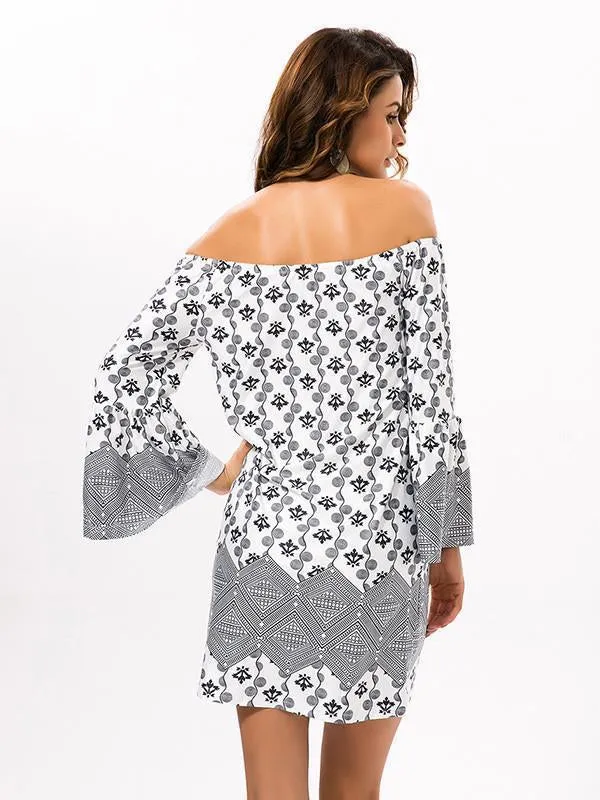 Pretty Floral Bohemia Off Shoulder Long Trumpet Sleeve Bodycon Mini Dress