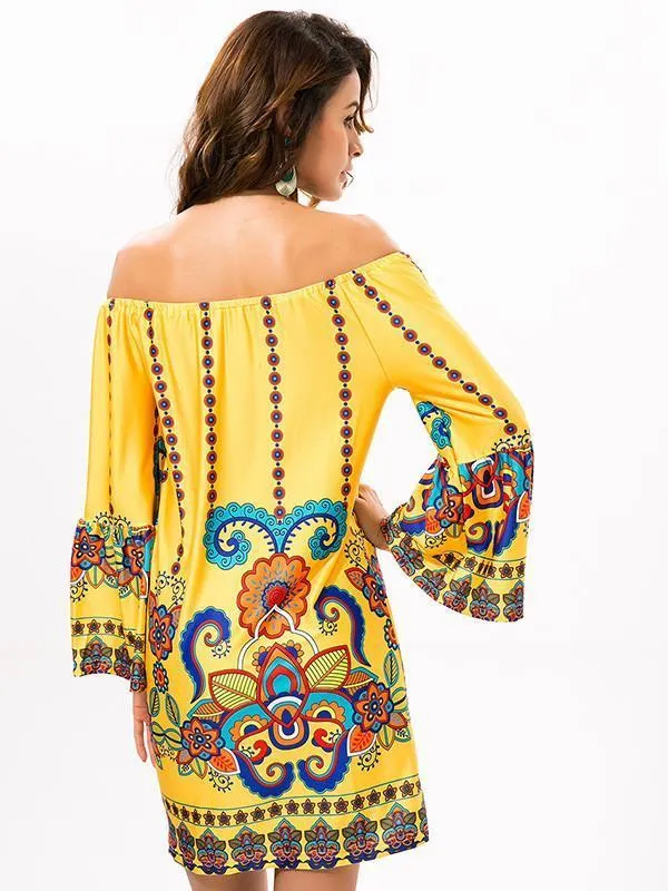 Pretty Floral Bohemia Off Shoulder Long Trumpet Sleeve Bodycon Mini Dress